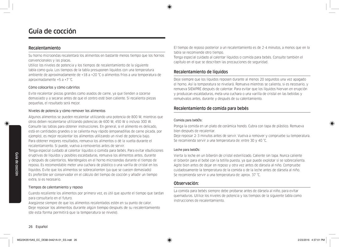 Samsung MG23K3515AS/EC manual Recalentamiento de líquidos, Recalentamiento de comida para bebés, Observación 