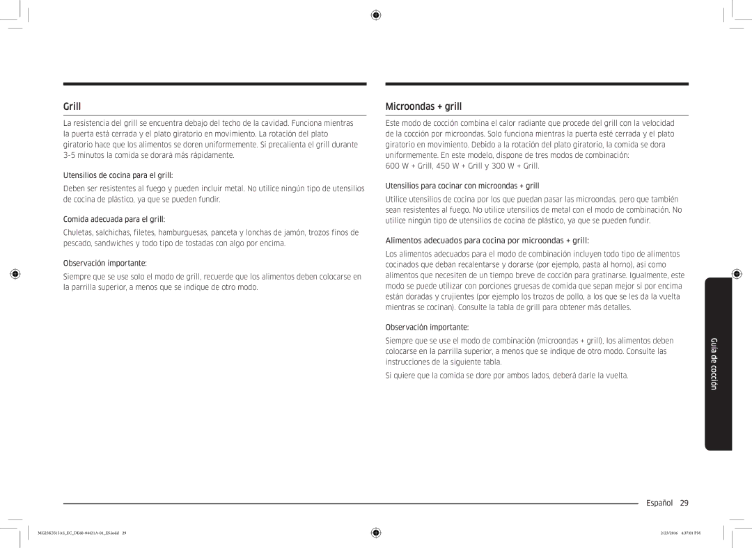 Samsung MG23K3515AS/EC manual Grill, Microondas + grill 