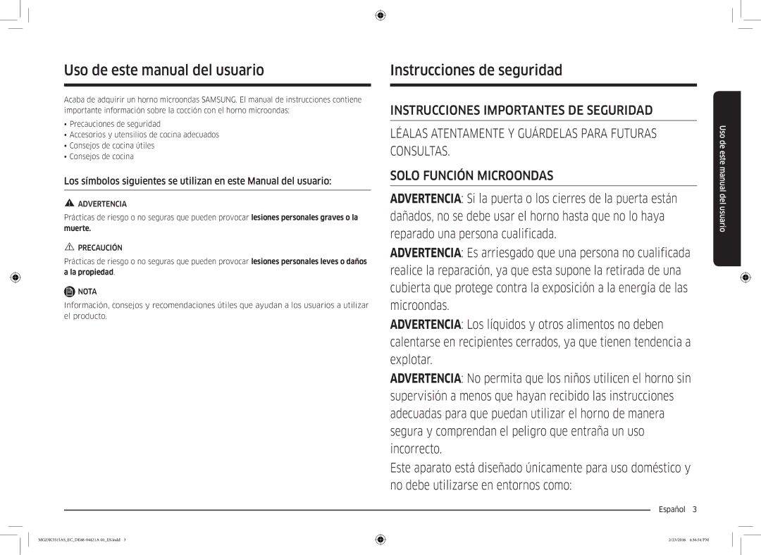 Samsung MG23K3515AS/EC Uso de este manual del usuario, Instrucciones de seguridad, Muerte, Español  