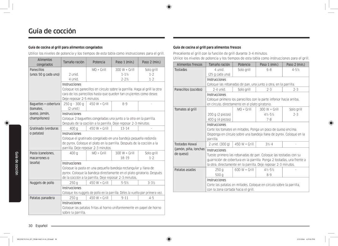 Samsung MG23K3515AS/EC Guía de cocina al grill para alimentos congelados, Guía de cocina al grill para alimentos frescos 