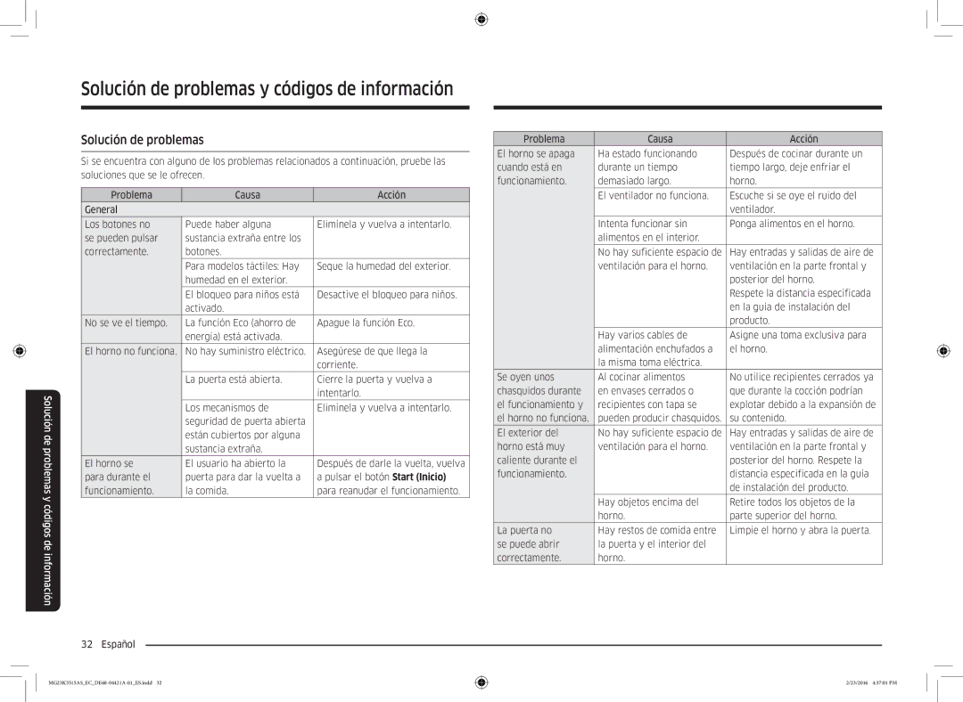 Samsung MG23K3515AS/EC manual Solución de problemas y códigos de información, Su contenido 