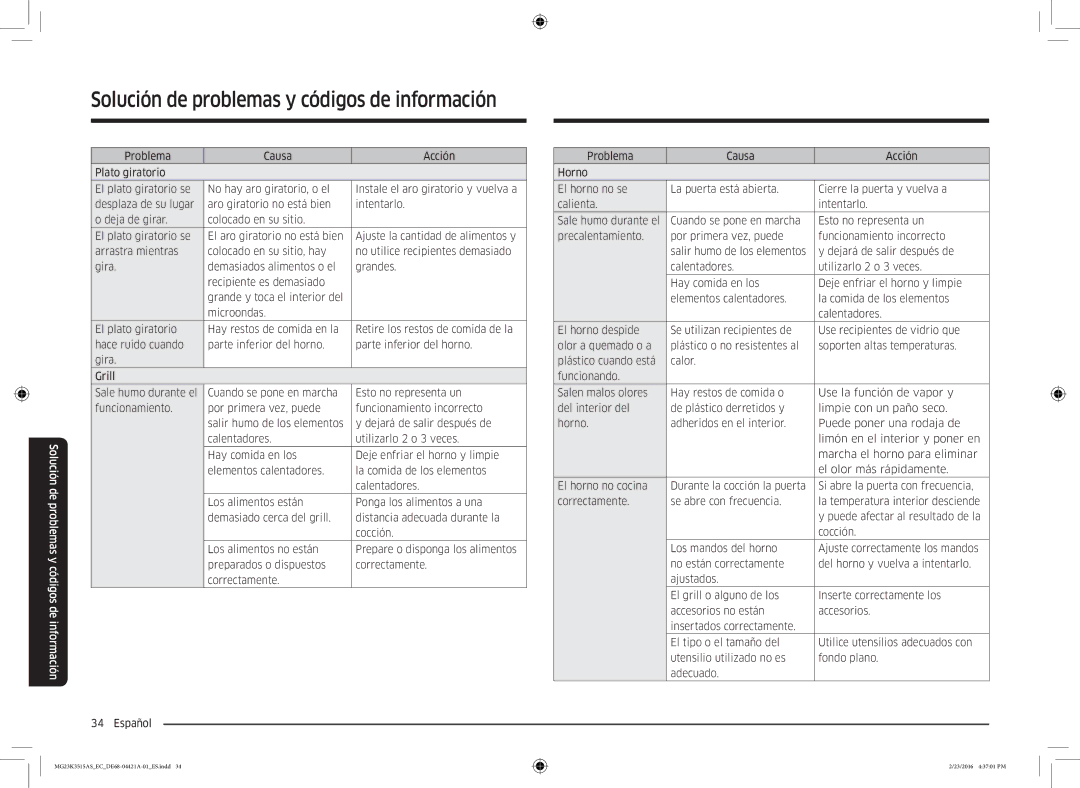 Samsung MG23K3515AS/EC manual Solución de problemas y códigos de información 