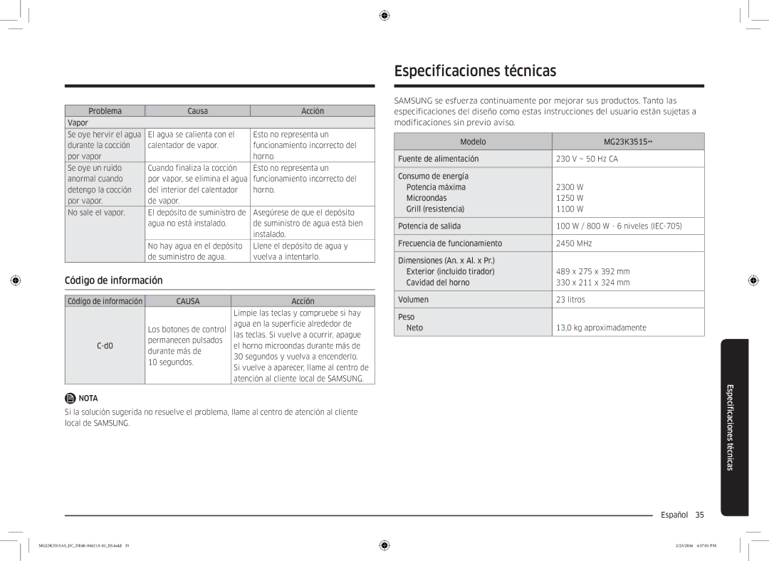 Samsung MG23K3515AS/EC manual Especificaciones técnicas, Código de información, Limpie las teclas y compruebe si hay 