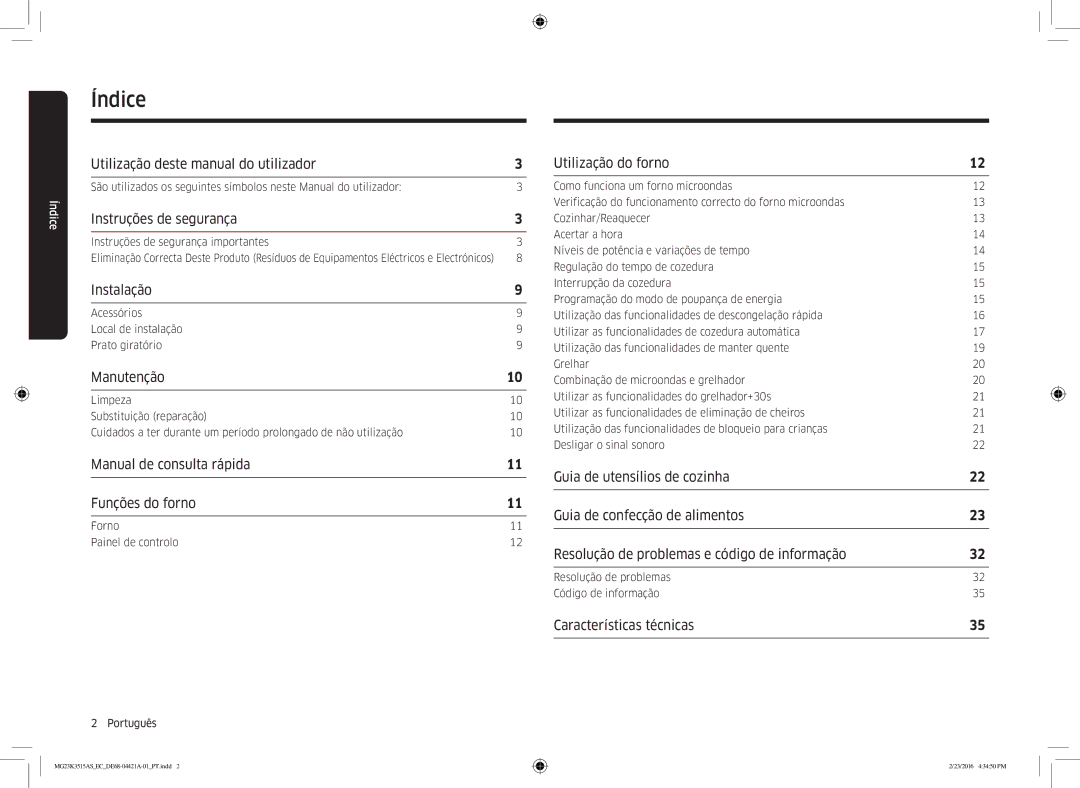 Samsung MG23K3515AS/EC Utilização deste manual do utilizador, Instruções de segurança, Instalação, Manutenção 