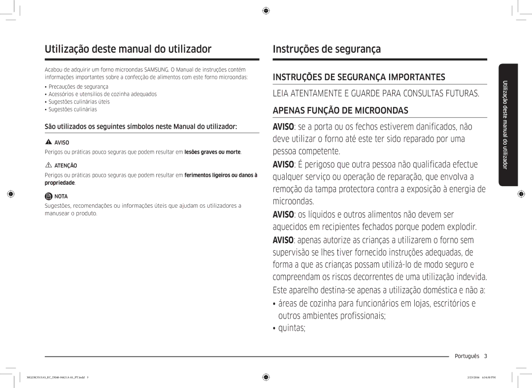 Samsung MG23K3515AS/EC Utilização deste manual do utilizador, Instruções de segurança, Português  