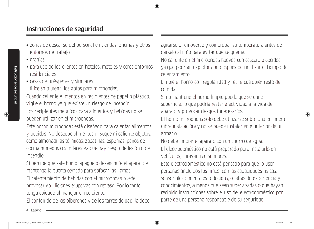 Samsung MG23K3515AS/EC manual Instrucciones de seguridad 