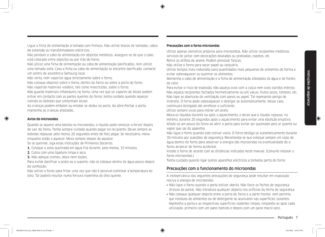 Samsung MG23K3515AS/EC manual Precauções com o funcionamento do microondas, Aviso do microondas 