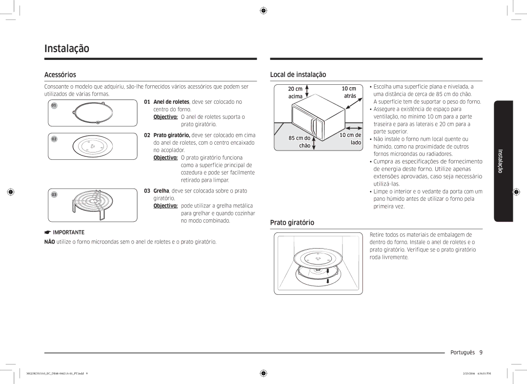 Samsung MG23K3515AS/EC manual Instalação, Acessórios Local de instalação, Prato giratório 