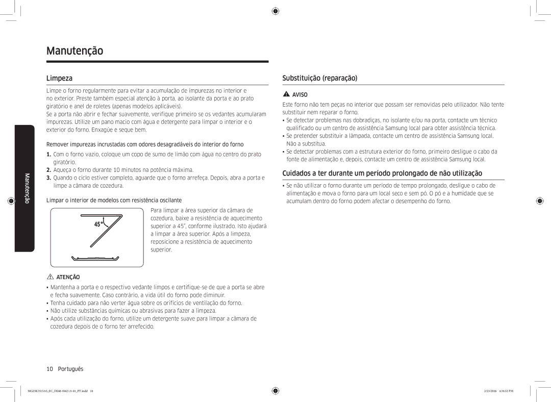 Samsung MG23K3515AS/EC manual Manutenção, Limpeza, Substituição reparação 