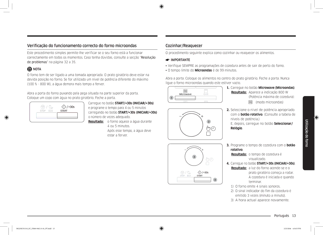 Samsung MG23K3515AS/EC Verificação do funcionamento correcto do forno microondas, Cozinhar/Reaquecer, Relógio, Rotativo 