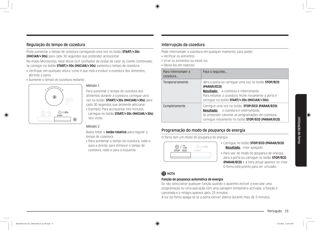 Samsung MG23K3515AS/EC Regulação do tempo de cozedura, Interrupção da cozedura, Programação do modo de poupança de energia 