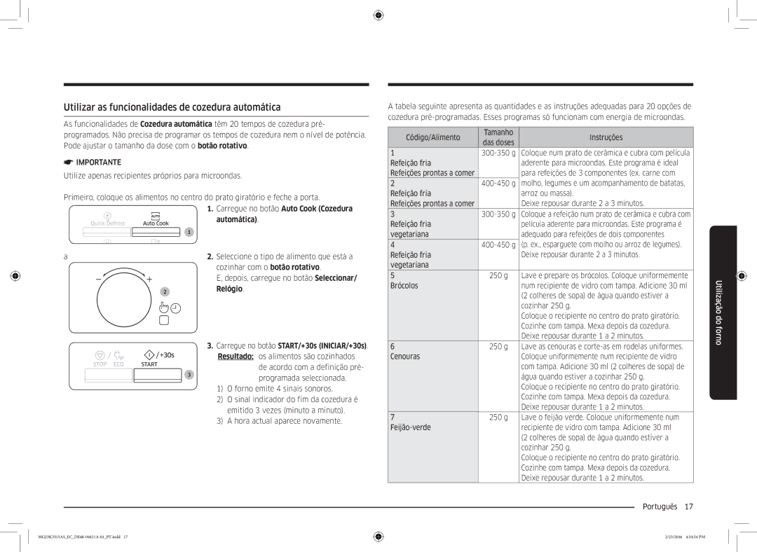 Samsung MG23K3515AS/EC manual Utilizar as funcionalidades de cozedura automática, Automática 