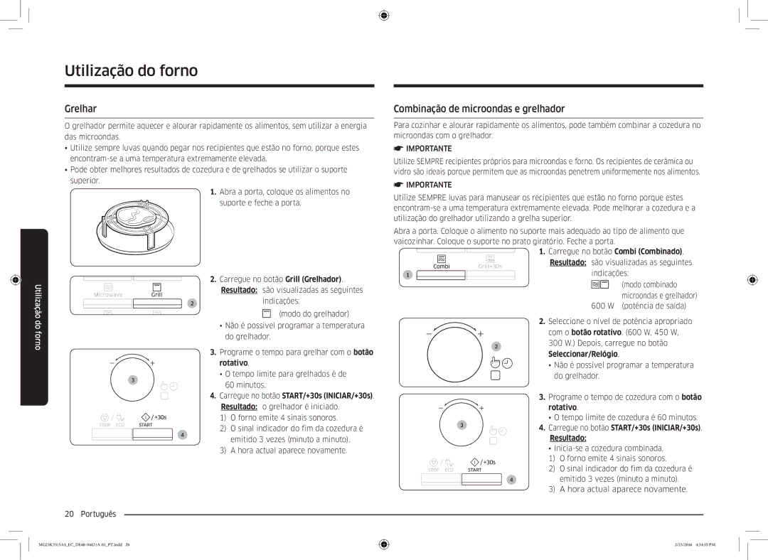 Samsung MG23K3515AS/EC manual Grelhar, Combinação de microondas e grelhador, Seleccionar/Relógio 