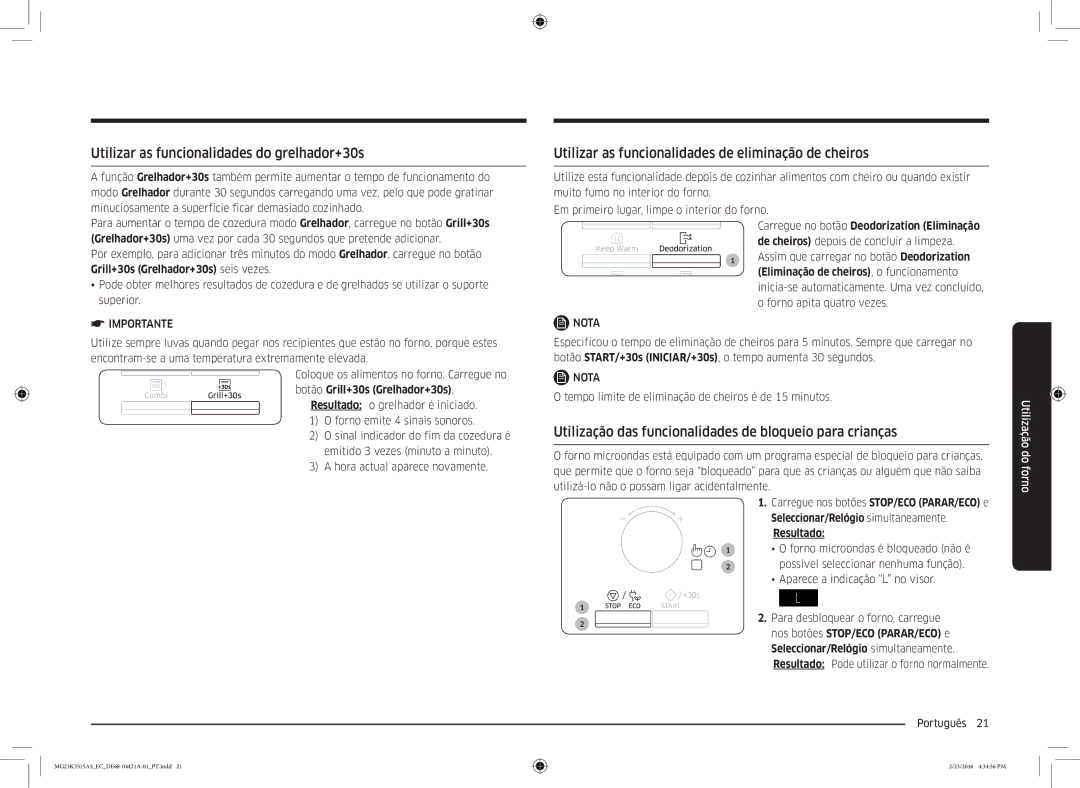 Samsung MG23K3515AS/EC Utilizar as funcionalidades do grelhador+30s, Utilizar as funcionalidades de eliminação de cheiros 