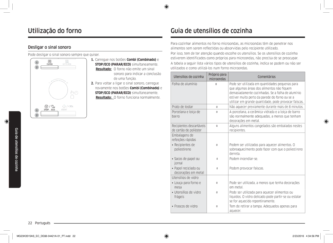 Samsung MG23K3515AS/EC manual Guia de utensílios de cozinha, Desligar o sinal sonoro, Carregue nos botões Combi Combinado e 