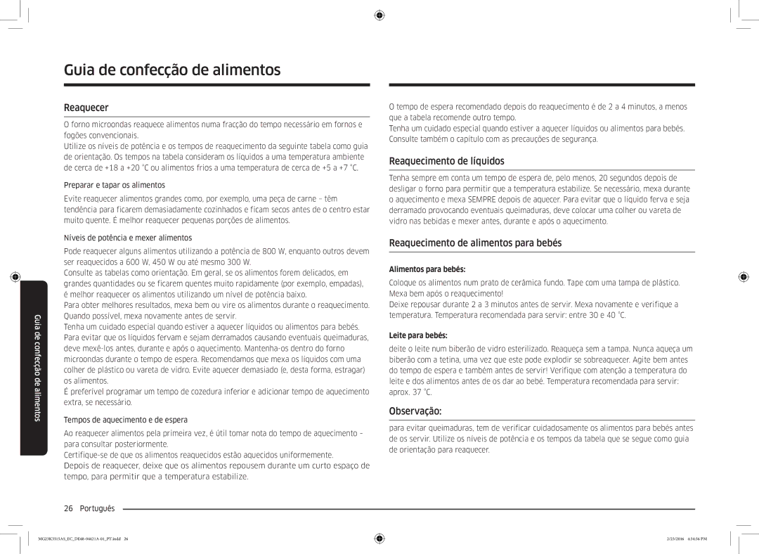 Samsung MG23K3515AS/EC manual Reaquecer, Reaquecimento de líquidos, Reaquecimento de alimentos para bebés, Observação 