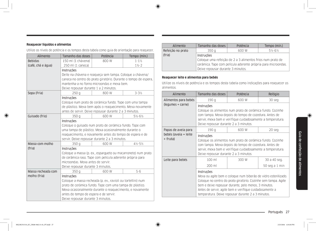 Samsung MG23K3515AS/EC manual Reaquecer líquidos e alimentos, Reaquecer leite e alimentos para bebés 