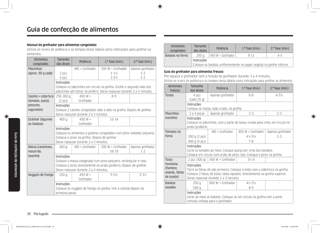 Samsung MG23K3515AS/EC manual Manual do grelhador para alimentos congelados, Guia do grelhador para alimentos frescos 