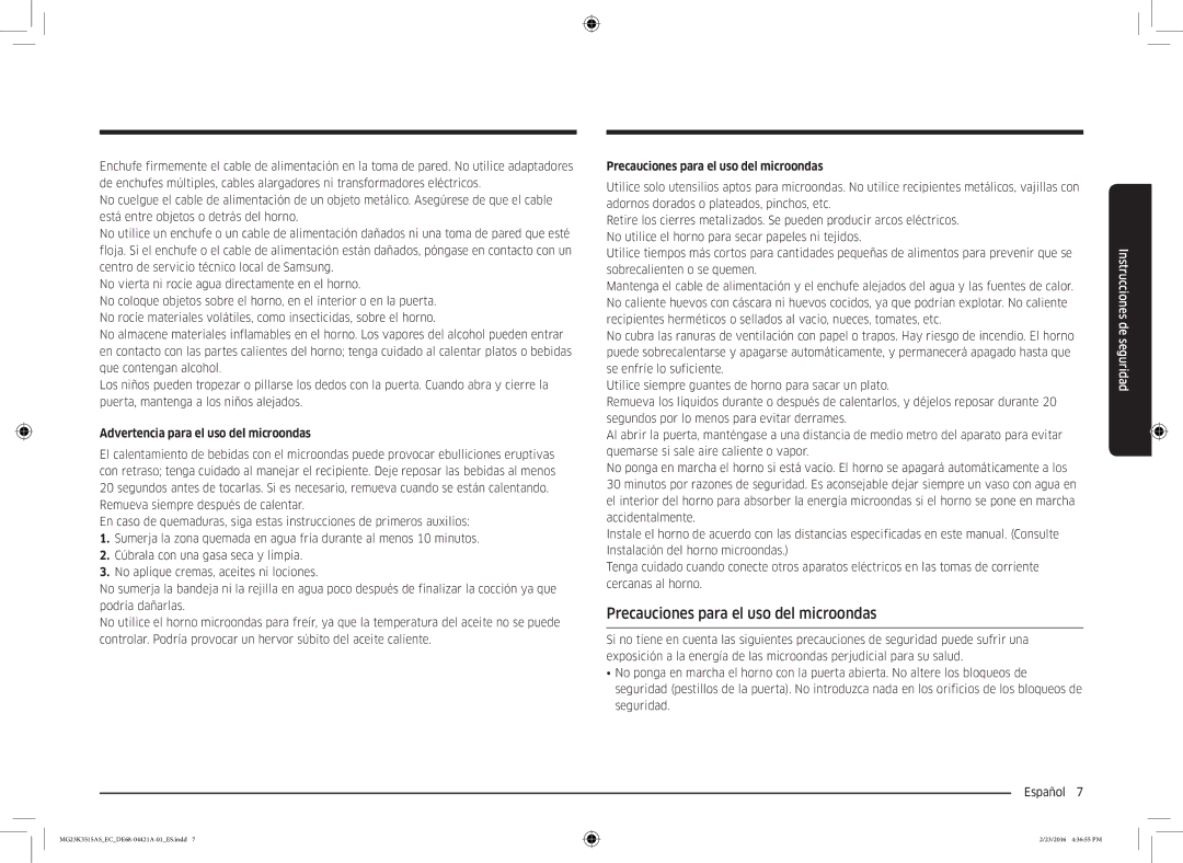 Samsung MG23K3515AS/EC manual Precauciones para el uso del microondas, Advertencia para el uso del microondas 