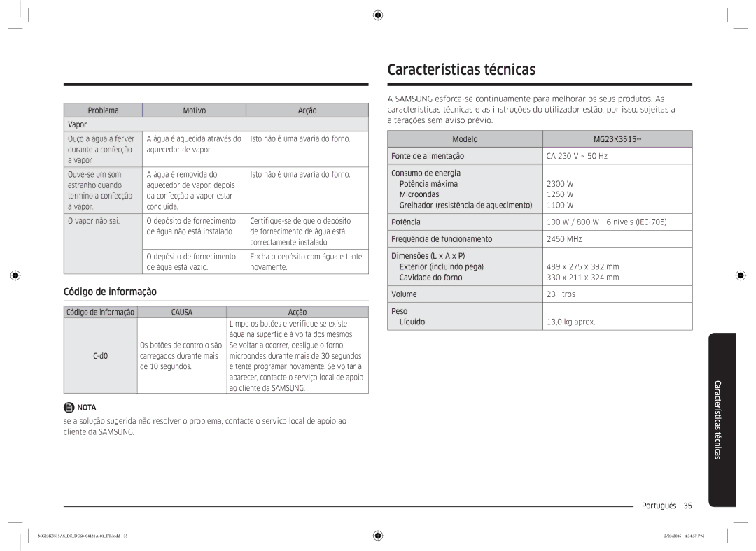 Samsung MG23K3515AS/EC manual Características técnicas, Código de informação 