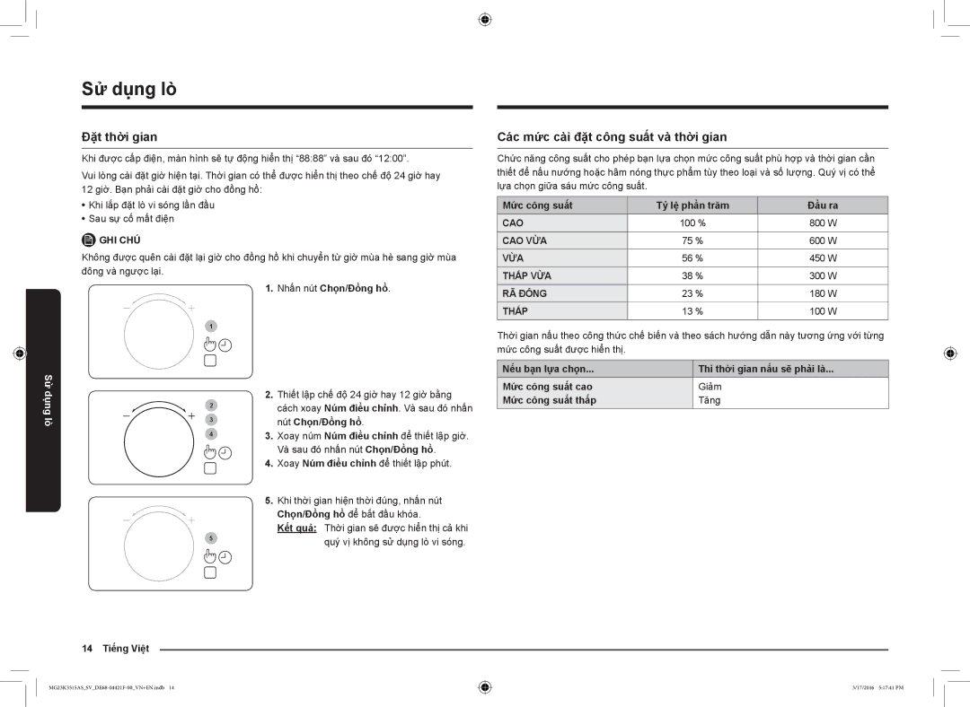 Samsung MG23K3515AS/SV, MG23K3515AS/EG, MG23K3515AS/EF manual Đặt thời gian, Các mức cài đặt công suất và thời gian 