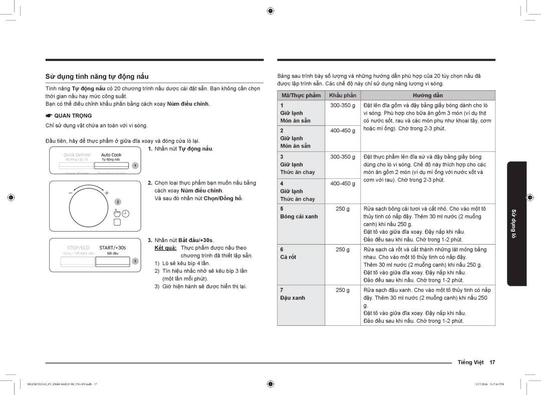 Samsung MG23K3515AS/SV, MG23K3515AS/EG, MG23K3515AS/EF manual Sử dụng tính năng tự động nấu 