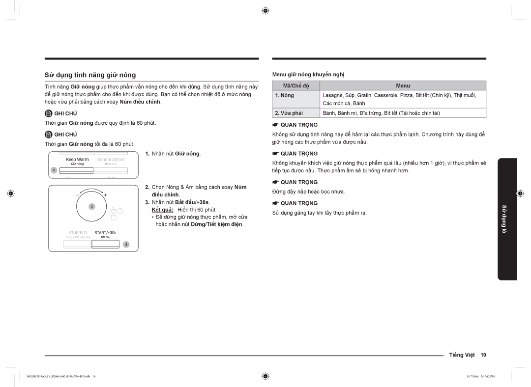 Samsung MG23K3515AS/EF, MG23K3515AS/EG, MG23K3515AS/SV manual Sử dụng tính năng giữ nóng, Nhấn nút Giữ nóng, Tiếng Việt 19 