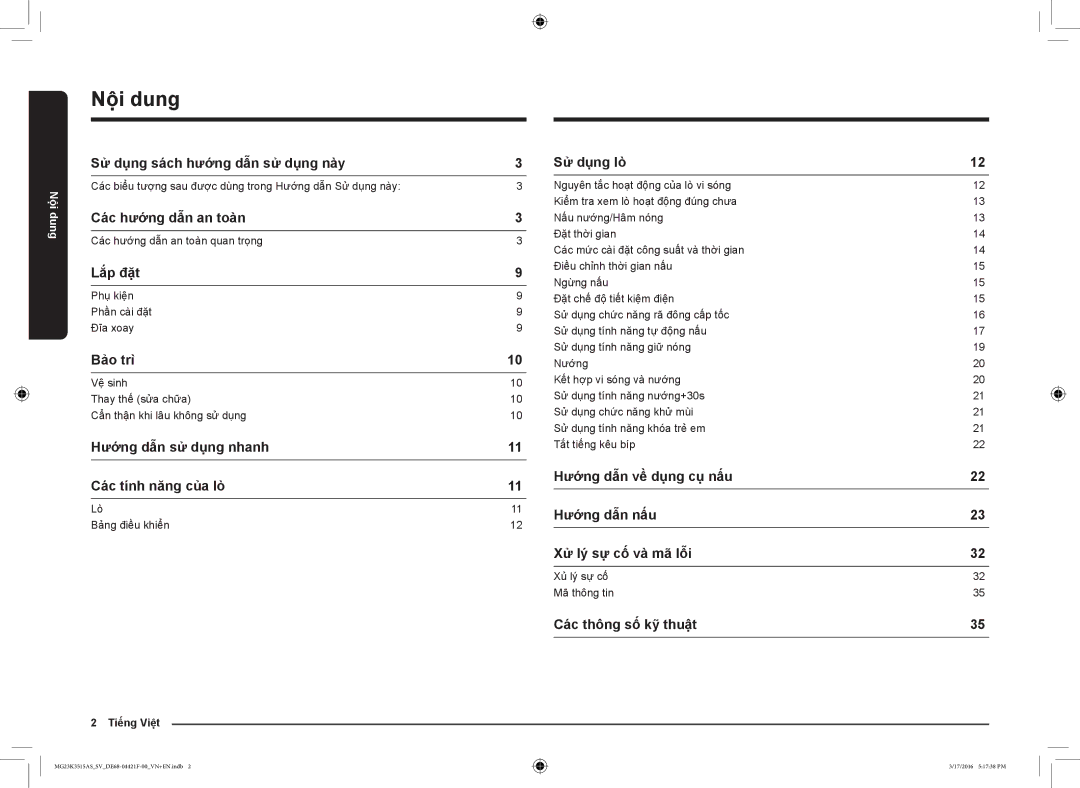 Samsung MG23K3515AS/SV, MG23K3515AS/EG, MG23K3515AS/EF manual Nội dung 