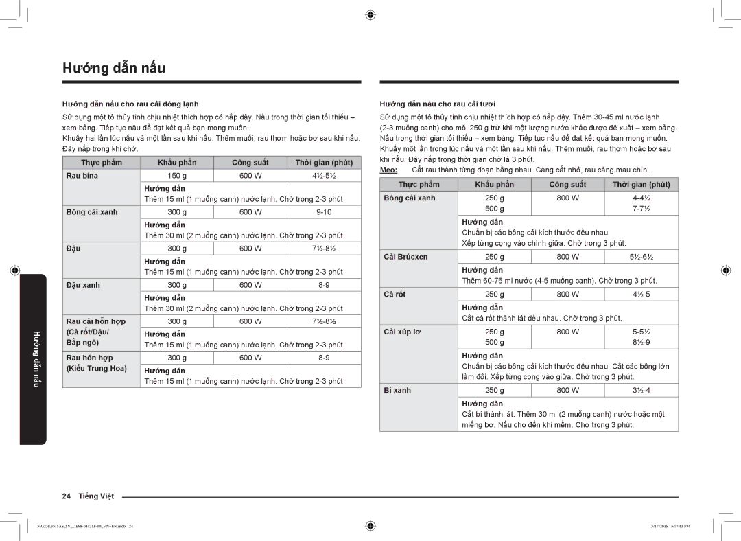 Samsung MG23K3515AS/EG Hướng dẫn nấu cho rau cải đông lạnh, Thực phẩm Khẩu phần Công suất Thời gian phút Rau bina, Đậu 