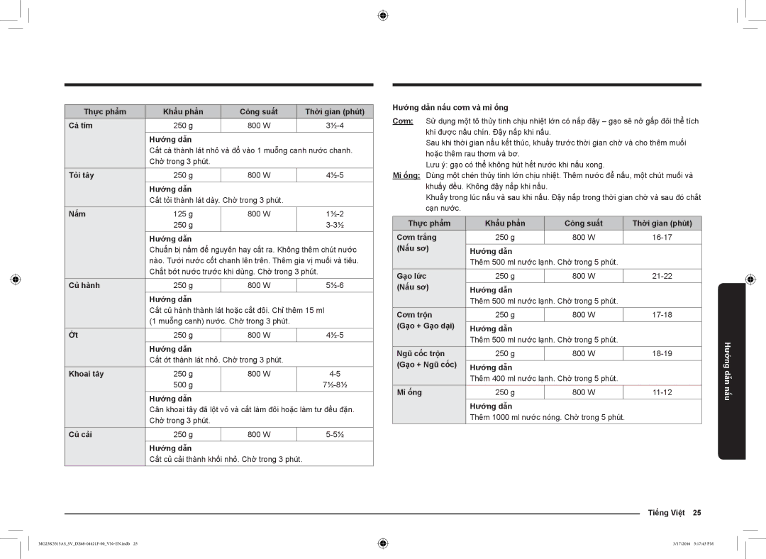 Samsung MG23K3515AS/EF manual Thực phẩm Khẩu phần Công suất Thời gian phút Cà tím, Tỏi tây, Nấm, Củ hành, Khoai tây, Củ cải 