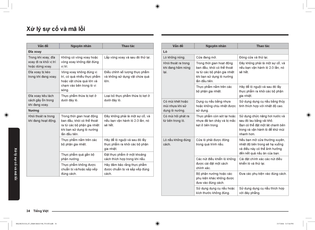 Samsung MG23K3515AS/EF manual Vấn đề Nguyên nhân Thao tác Đĩa xoay, Nướng Vấn đề Nguyên nhân Thao tác, 34 Tiếng Việt 