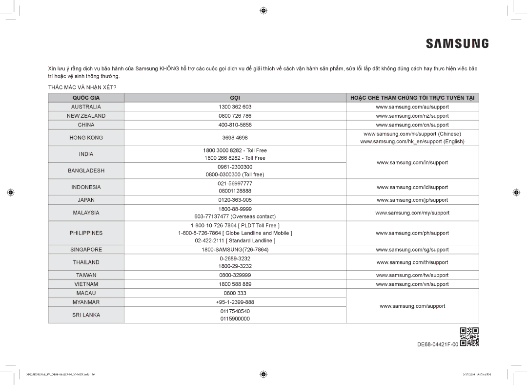 Samsung MG23K3515AS/EG, MG23K3515AS/EF, MG23K3515AS/SV manual Quốc GIA GỌI Hoặc GHÉ Thăm Chúng TÔI Trực Tuyến TẠI 