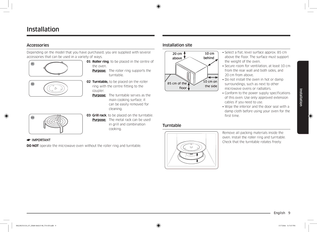 Samsung MG23K3515AS/EG, MG23K3515AS/EF, MG23K3515AS/SV manual Accessories Installation site, Turntable 