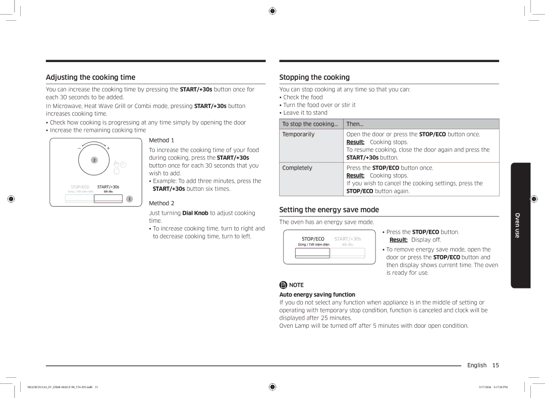 Samsung MG23K3515AS/EG manual Adjusting the cooking time, Stopping the cooking, Setting the energy save mode, Result 