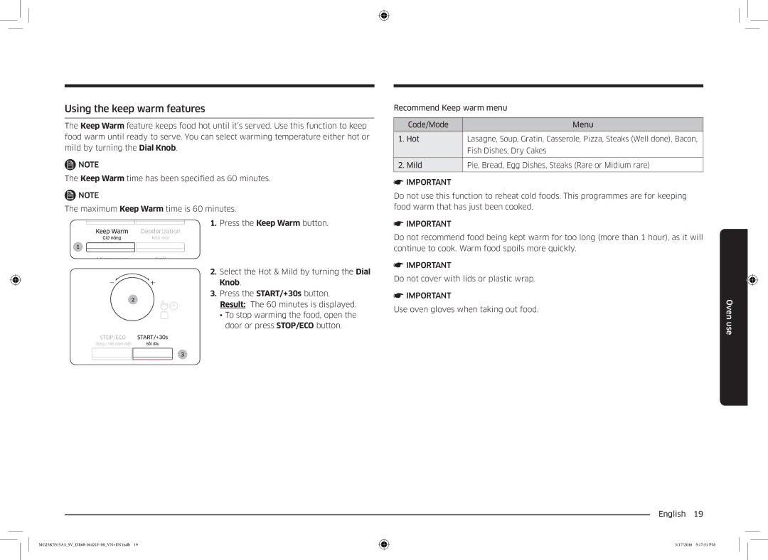 Samsung MG23K3515AS/EF, MG23K3515AS/EG, MG23K3515AS/SV manual Using the keep warm features 