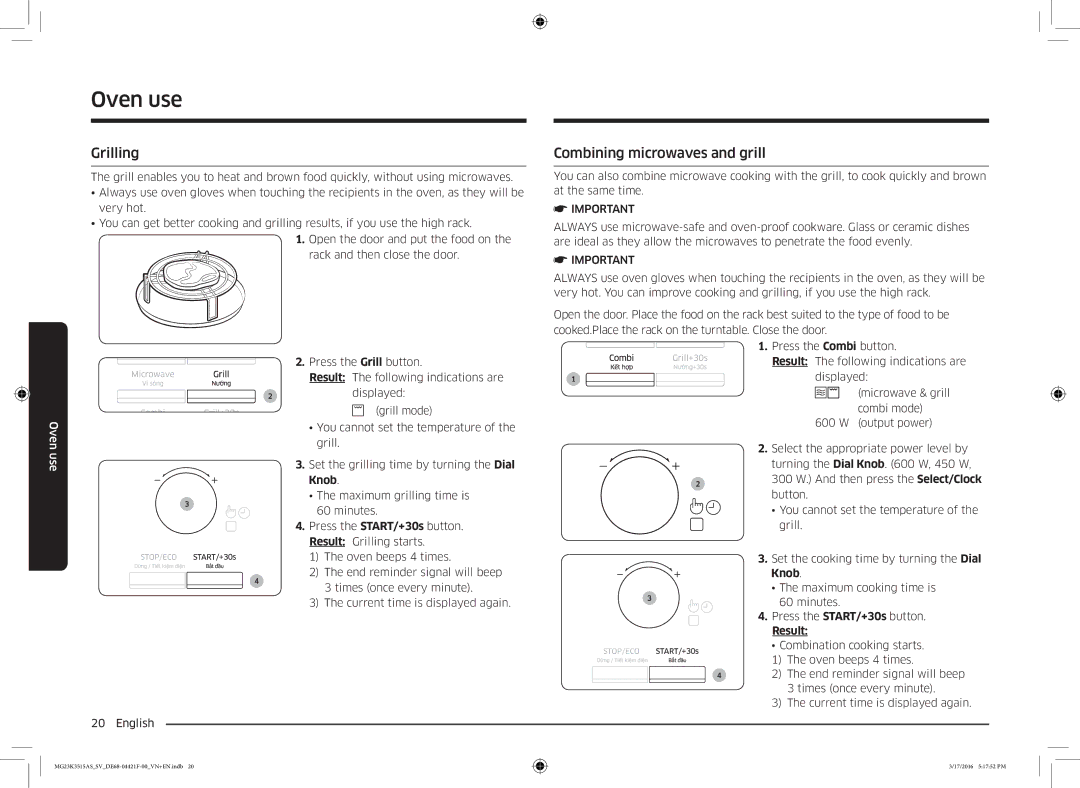 Samsung MG23K3515AS/SV, MG23K3515AS/EG, MG23K3515AS/EF manual Grilling, Combining microwaves and grill 