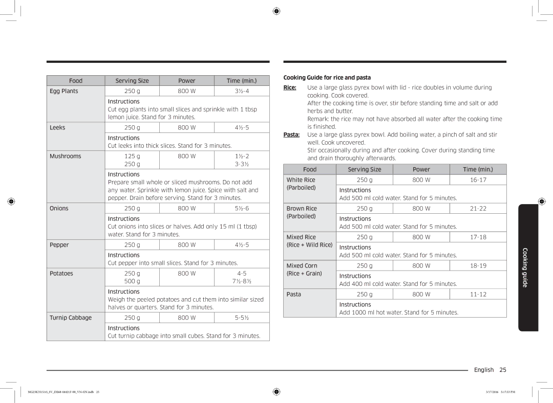 Samsung MG23K3515AS/EF, MG23K3515AS/EG, MG23K3515AS/SV manual Cooking Guide for rice and pasta 