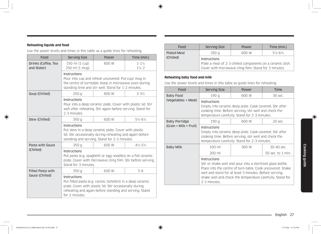 Samsung MG23K3515AS/EG, MG23K3515AS/EF, MG23K3515AS/SV manual Reheating liquids and food, Reheating baby food and milk 