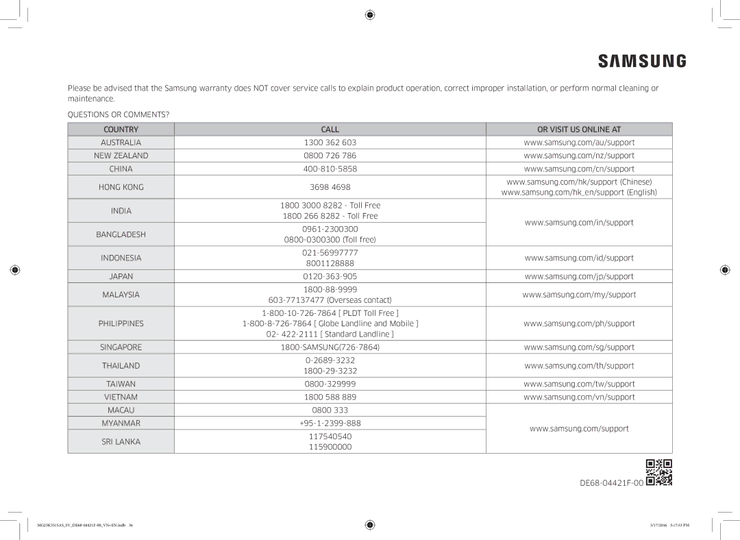 Samsung MG23K3515AS/EG, MG23K3515AS/EF, MG23K3515AS/SV manual Questions or COMMENTS? Country Call Or Visit US Online AT 