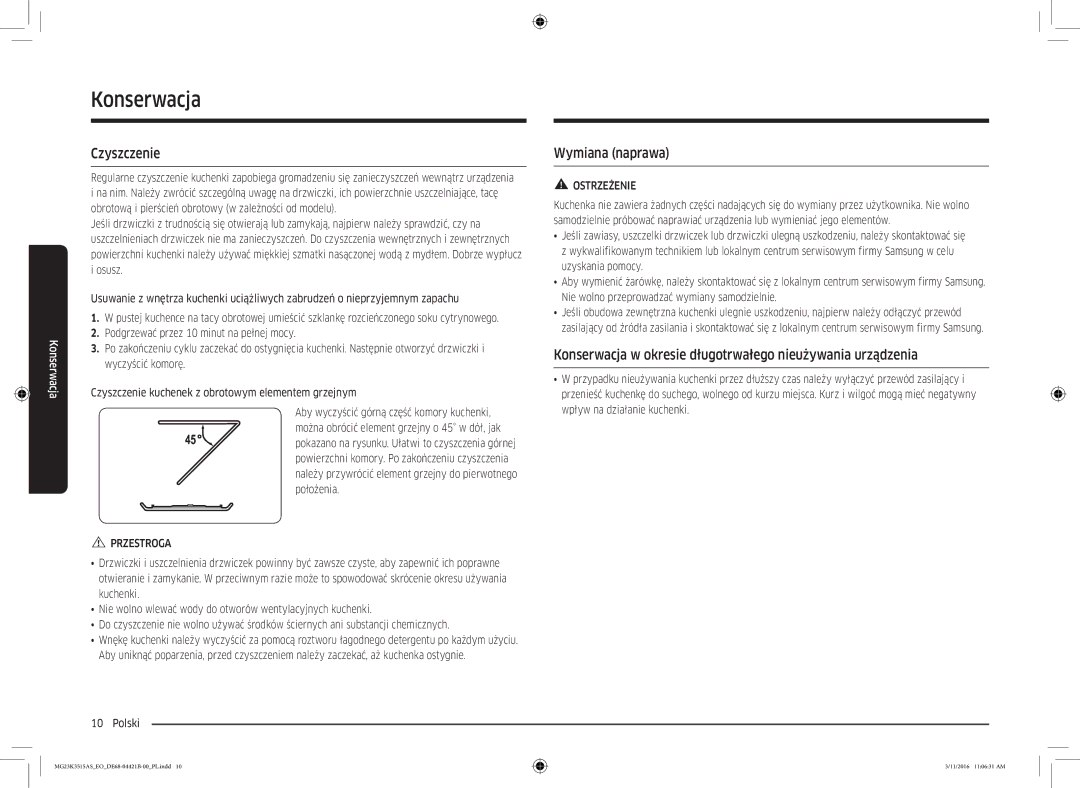 Samsung MG23K3515AS/ET, MG23K3515AS/EG, MG23K3515AS/EO manual Konserwacja, Czyszczenie, Wymiana naprawa 