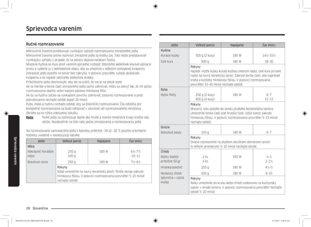 Samsung MG23K3515AS/ET, MG23K3515AS/EG, MG23K3515AS/EO manual Ručné rozmrazovanie 