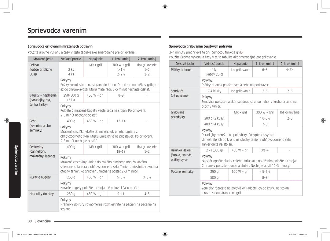 Samsung MG23K3515AS/EG, MG23K3515AS/ET Sprievodca grilovaním mrazených potravín, Sprievodca grilovaním čerstvých potravín 