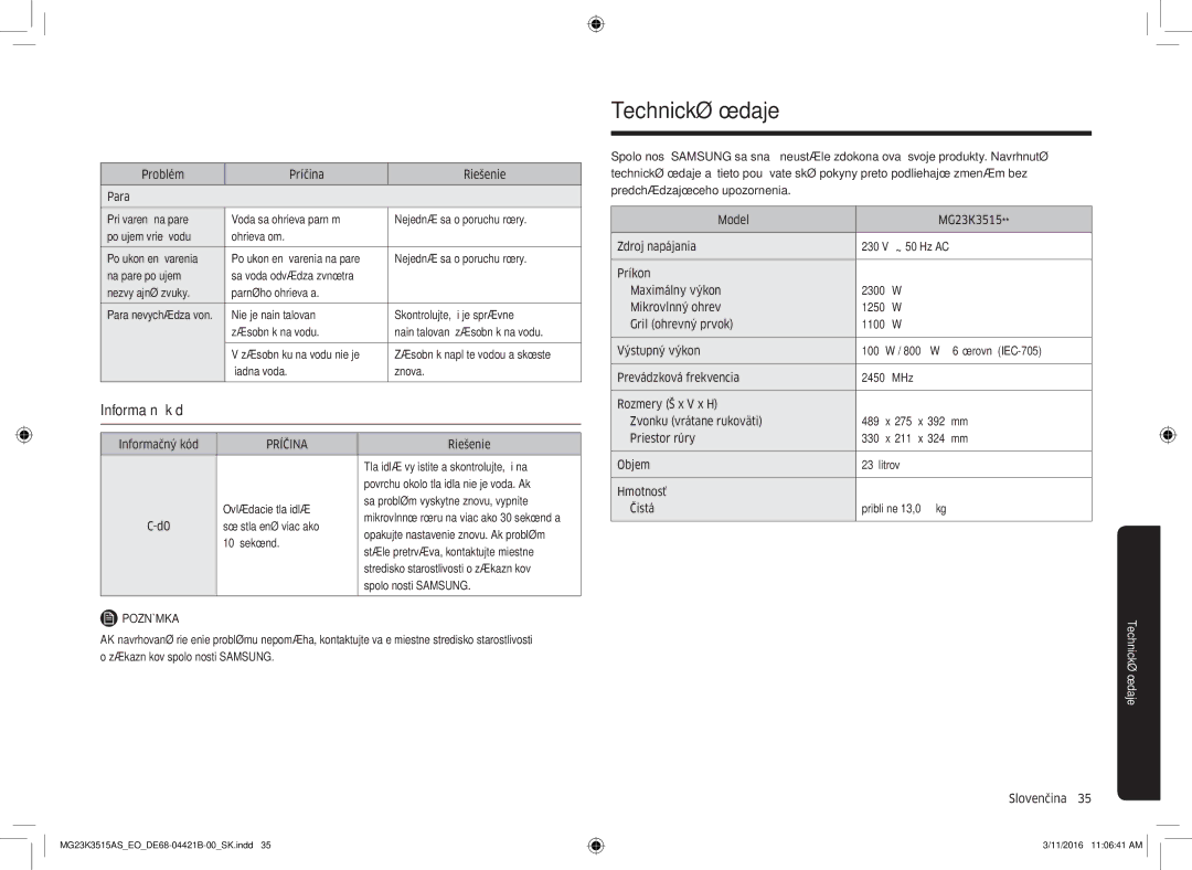 Samsung MG23K3515AS/EO, MG23K3515AS/EG, MG23K3515AS/ET manual Technické údaje, Informačný kód, Príčina 