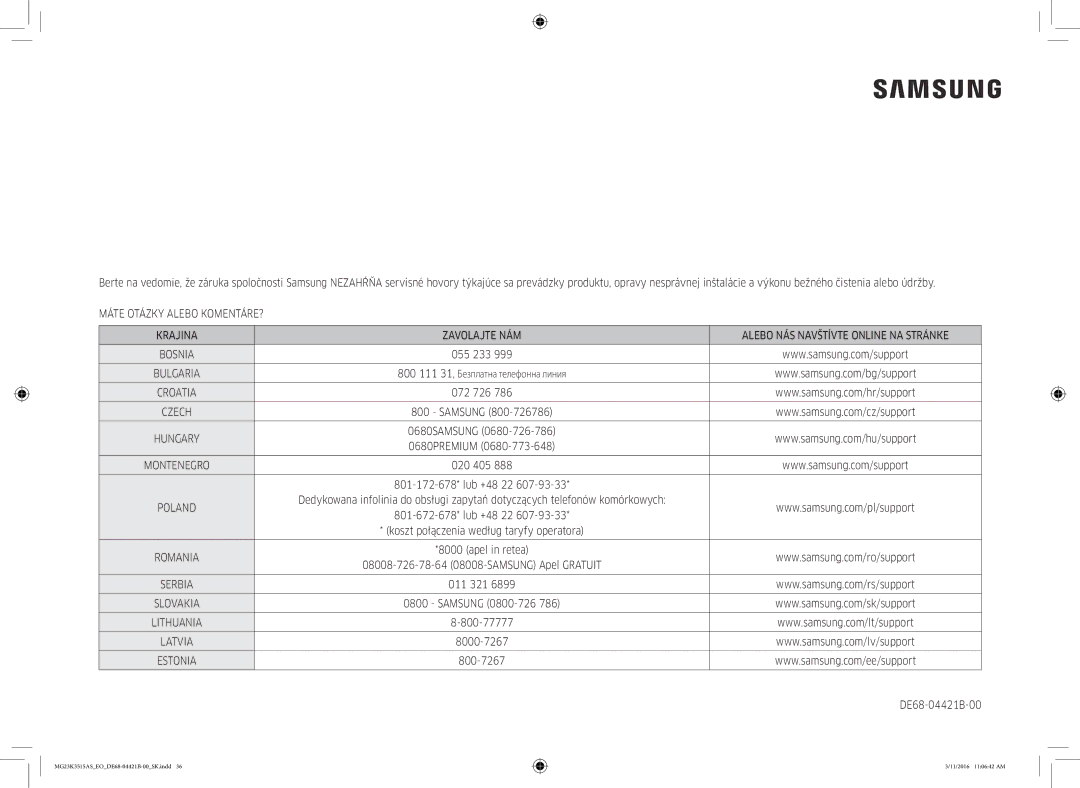 Samsung MG23K3515AS/EG, MG23K3515AS/ET, MG23K3515AS/EO manual MG23K3515ASEODE68-04421B-00SK.indd 11/2016 110642 AM 