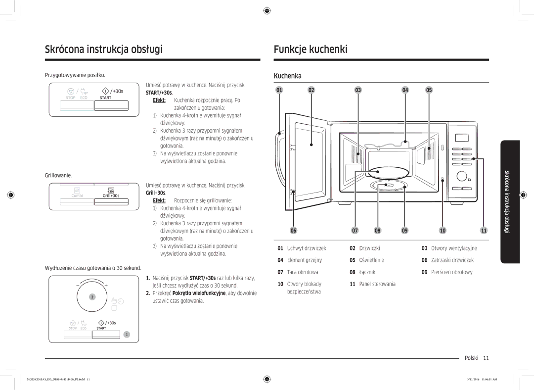 Samsung MG23K3515AS/EO, MG23K3515AS/EG, MG23K3515AS/ET manual Skrócona instrukcja obsługi Funkcje kuchenki, Kuchenka 