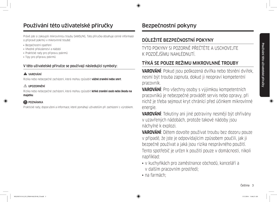 Samsung MG23K3515AS/EG, MG23K3515AS/ET manual Používání této uživatelské příručky, Bezpečnostní pokyny, Varování, Upozornění 