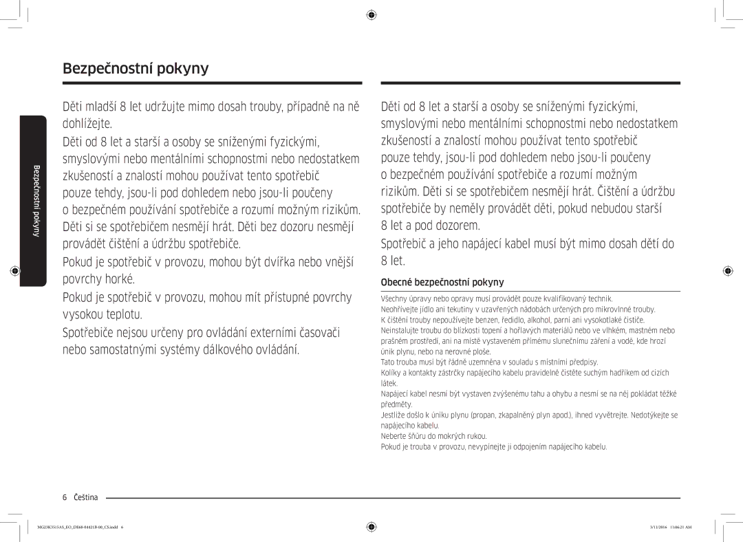 Samsung MG23K3515AS/EG, MG23K3515AS/ET, MG23K3515AS/EO manual Obecné bezpečnostní pokyny 