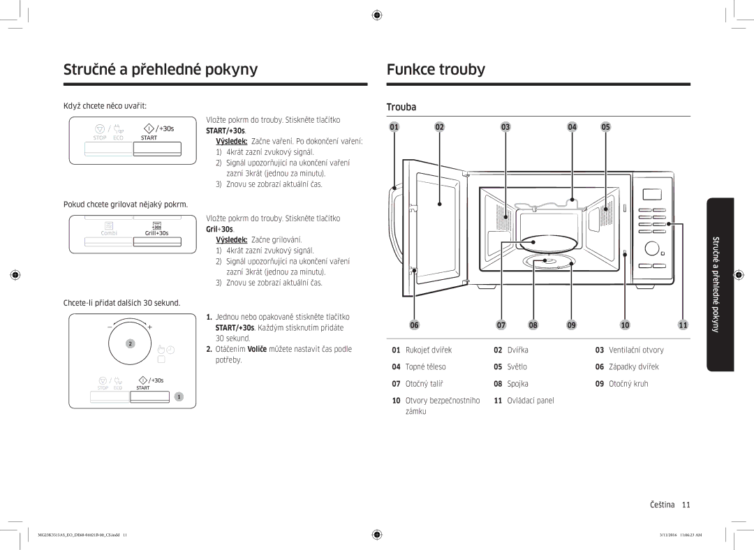 Samsung MG23K3515AS/EO, MG23K3515AS/EG manual Stručné a přehledné pokyny Funkce trouby, Trouba, Otvory bezpečnostního, Zámku 