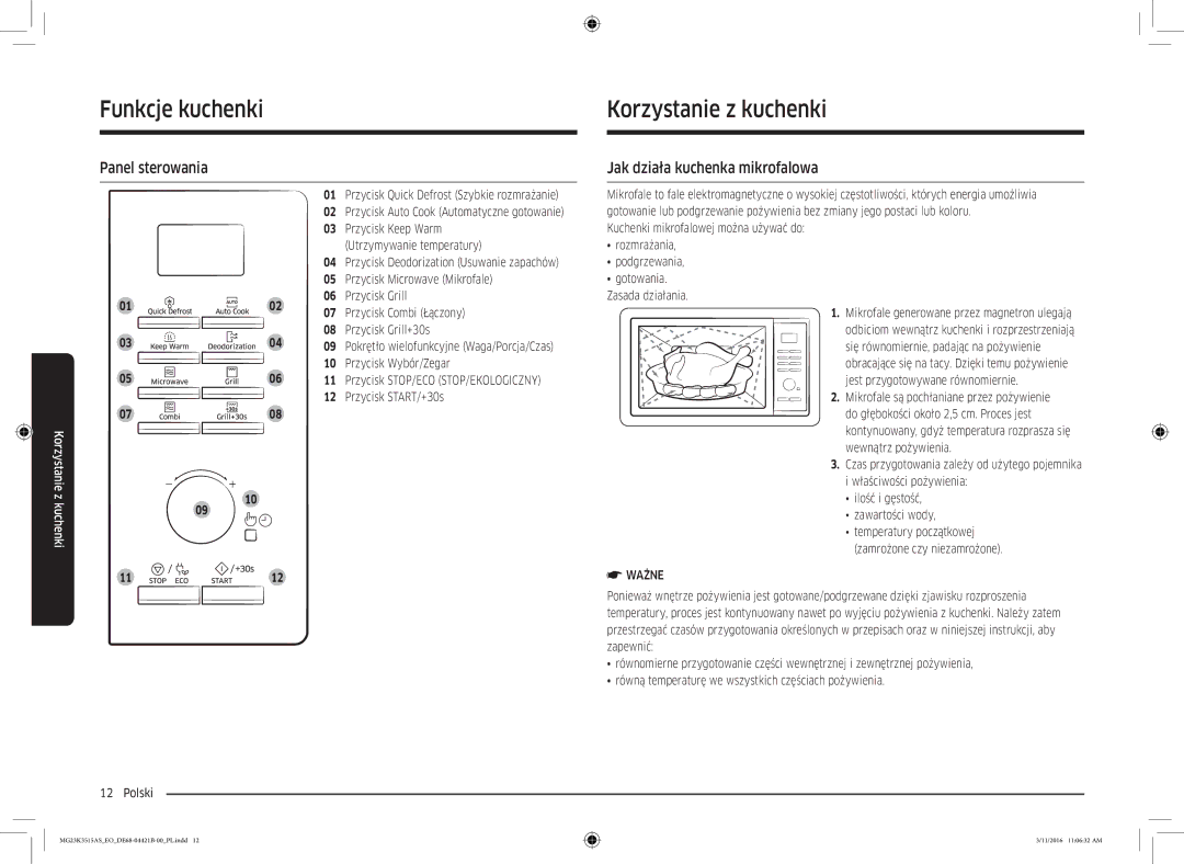 Samsung MG23K3515AS/EG, MG23K3515AS/ET manual Korzystanie z kuchenki, Panel sterowania, Jak działa kuchenka mikrofalowa 