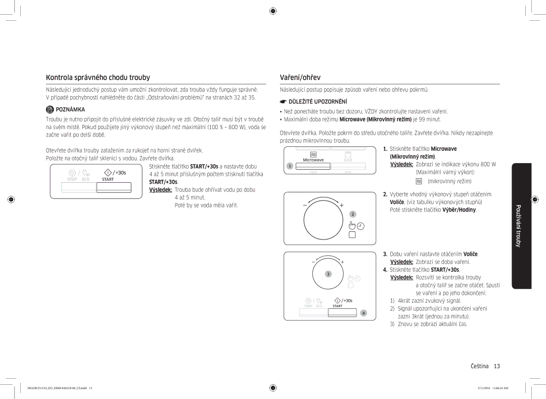 Samsung MG23K3515AS/ET, MG23K3515AS/EG, MG23K3515AS/EO manual Kontrola správného chodu trouby, Vaření/ohřev 